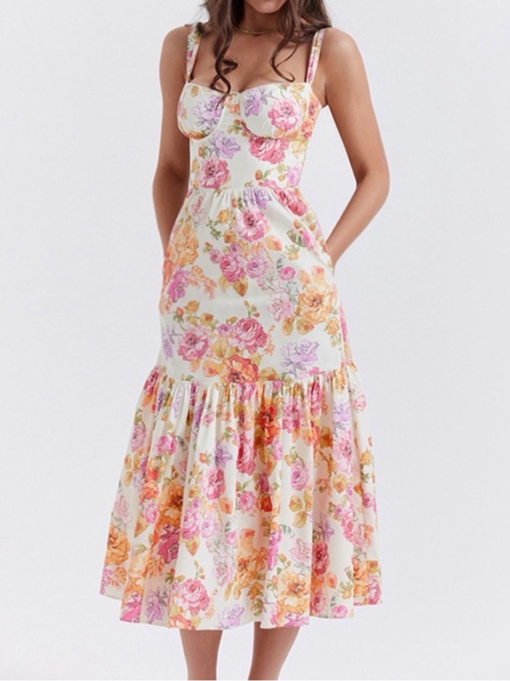 House of CB White Midi Dress with Pink & Orange Floral Print